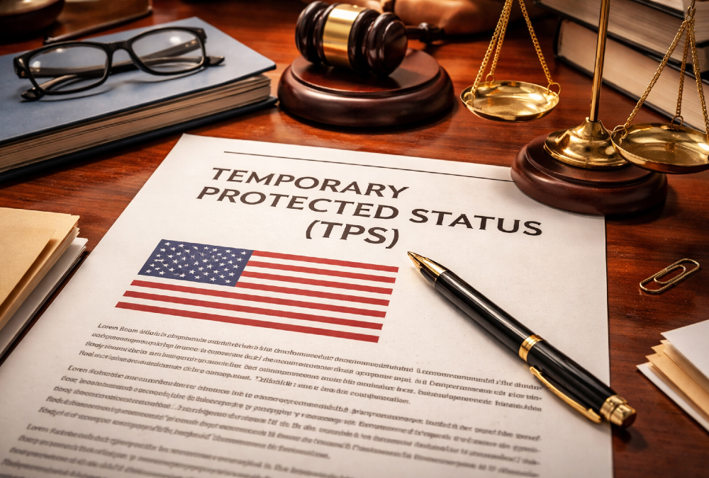 Temporary Protected Status (TPS) document and legal scales