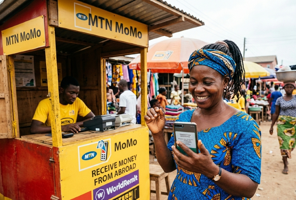 A person in Africa using a mobile phone to receive a remittance payment from a family member overseas.