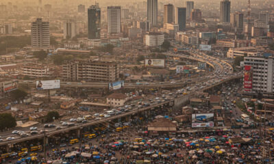 Heavily populated modern busy and bustling African urban city like Lagos, Nairobi, and Johannesburg