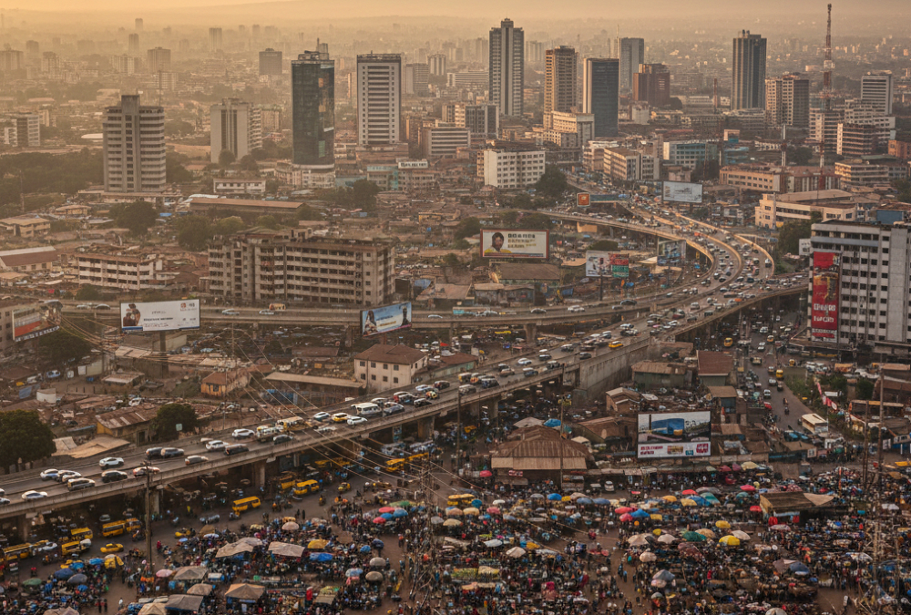 Heavily populated modern busy and bustling African urban city like Lagos, Nairobi, and Johannesburg