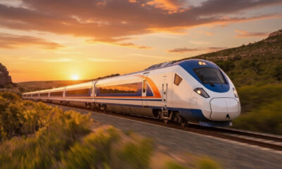 A high-speed train traveling through South Africa's landscape connecting Gauteng, KwaZulu-Natal, and Limpopo provinces