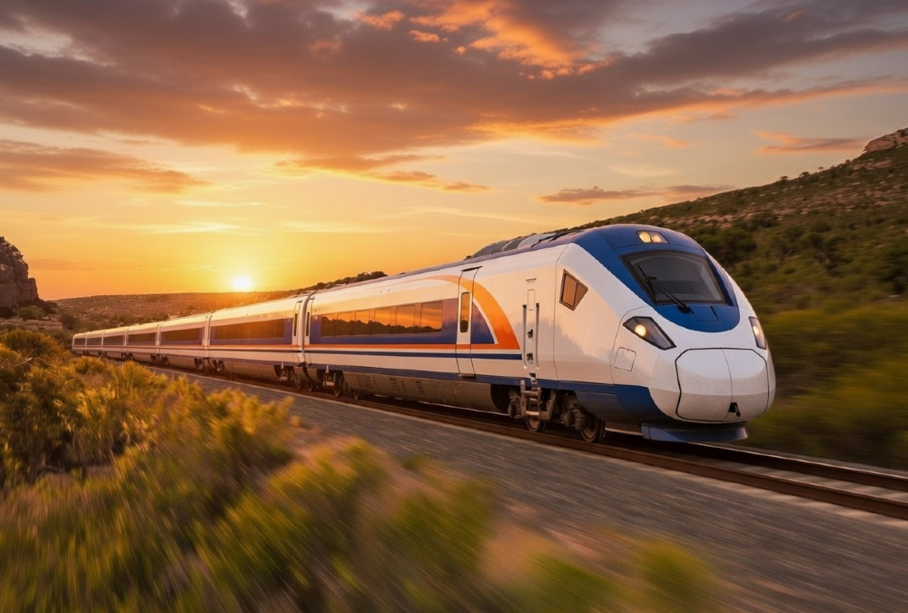 A high-speed train traveling through South Africa's landscape connecting Gauteng, KwaZulu-Natal, and Limpopo provinces