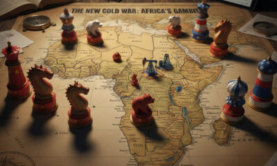Chess pieces in the colors of the flags of China, Russia and U.S. on Africa map symbolizing great power competition in the new Cold War geopolitical contest