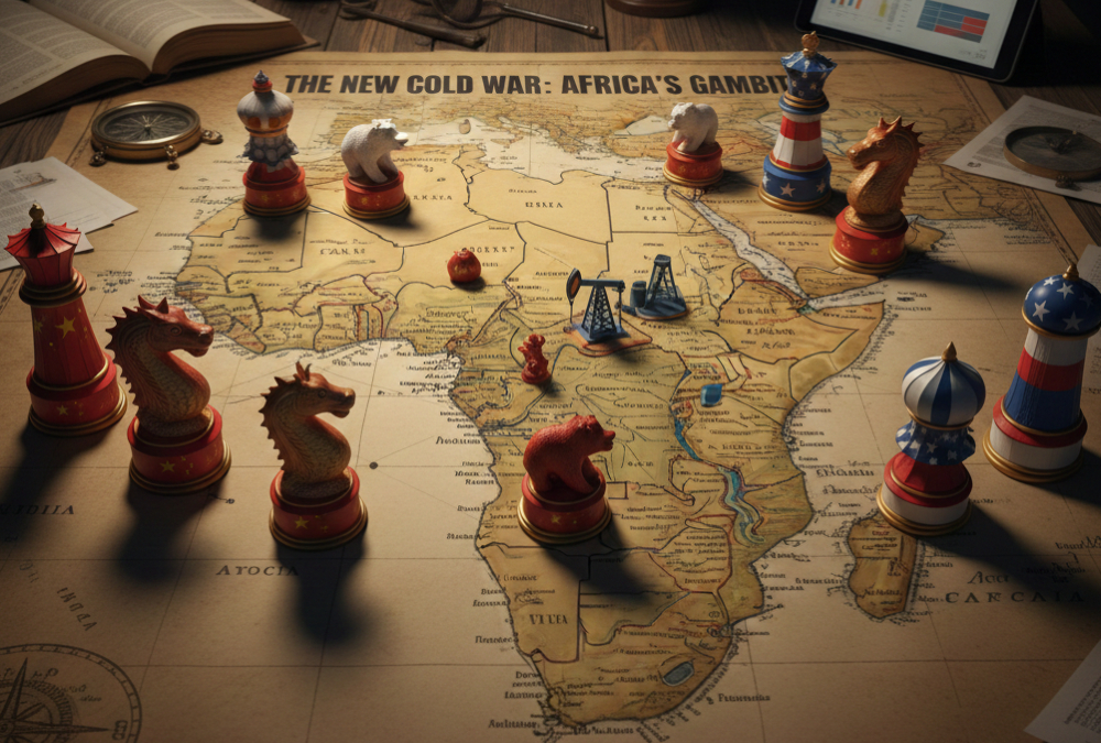 Chess pieces in the colors of the flags of China, Russia and U.S. on Africa map symbolizing great power competition in the new Cold War geopolitical contest