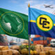 African Union and CARICOM flags representing growing trade partnership and export opportunities valued at $1.6 billion between Africa and the Caribbean.