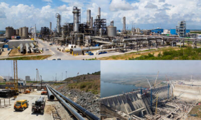 Africa’s infrastructure boom with a collage containing Dangote Refinery, Nigeria-Morocco Gas Pipeline, and Grand Inga Dam driving economic growth and development.