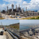 Africa’s infrastructure boom with a collage containing Dangote Refinery, Nigeria-Morocco Gas Pipeline, and Grand Inga Dam driving economic growth and development.