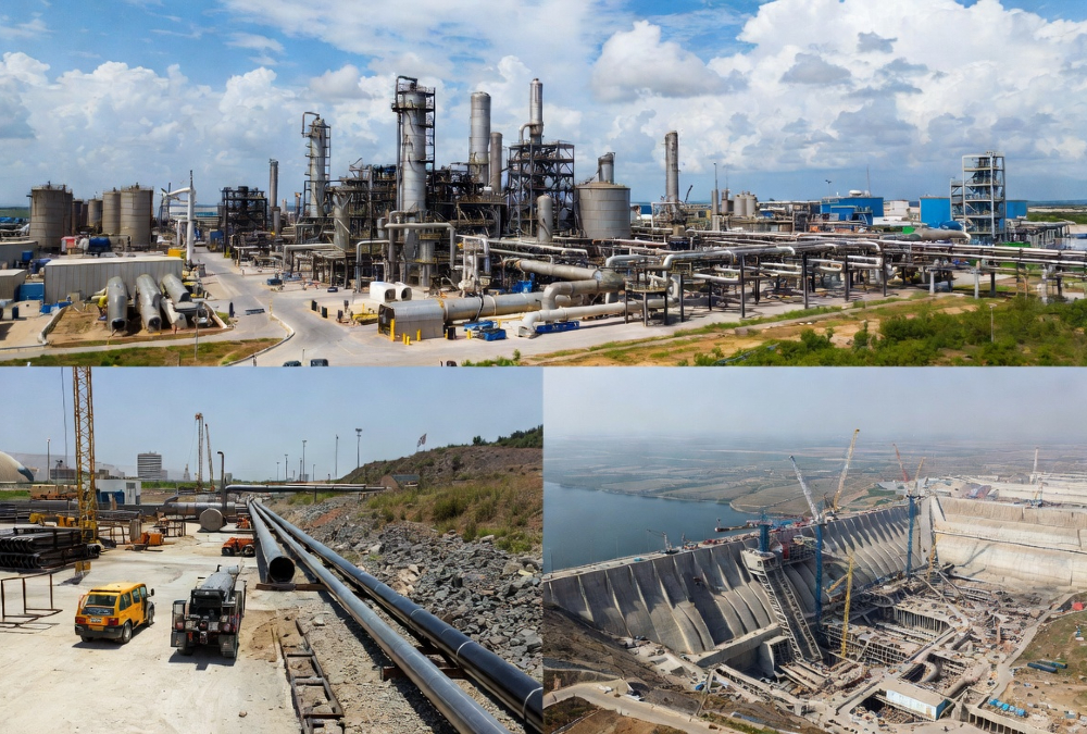 Africa’s infrastructure boom with a collage containing Dangote Refinery, Nigeria-Morocco Gas Pipeline, and Grand Inga Dam driving economic growth and development.