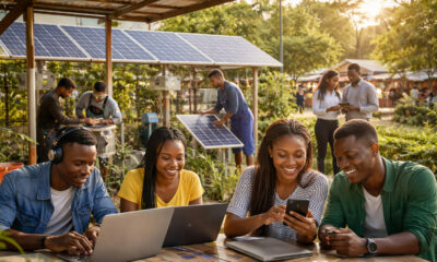 Young entrepreneurs and students in Africa using technology and solar-powered infrastructure, illustrating the continent’s growing human capital, innovation, and clean energy transformation across Africa.