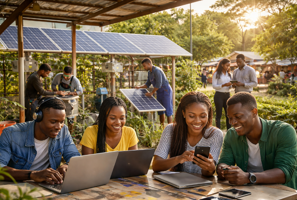 Young entrepreneurs and students in Africa using technology and solar-powered infrastructure, illustrating the continent’s growing human capital, innovation, and clean energy transformation across Africa.