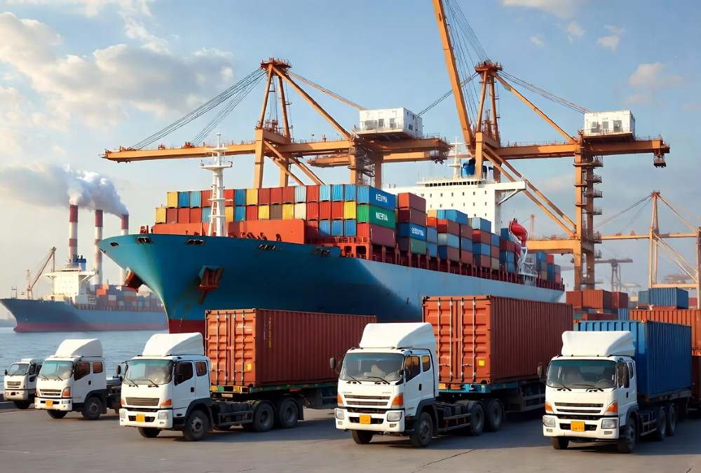 Illustration of China-Africa trade showing cargo ships and trucks transporting African goods, symbolizing zero-tariff access and strategic supply chain shifts.