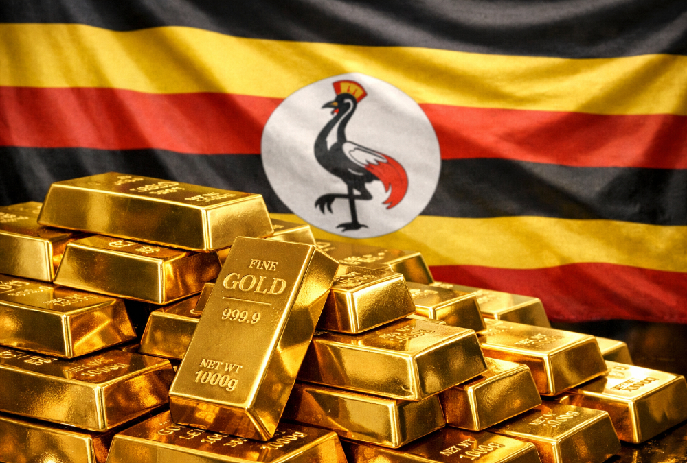 Gold bars stacked with Uganda flag in background illustrating surge in Uganda’s gold exports surpassing coffee in 2025