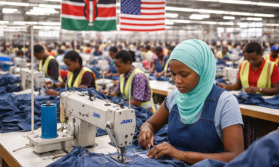 Factory workers producing apparel for export under AGOA in Kenya, highlighting reliance on duty-free access to the United States market amid comparisons with industrial growth in Bangladesh.