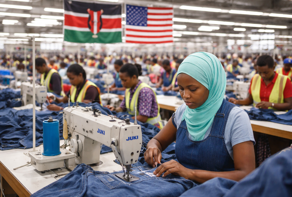 Factory workers producing apparel for export under AGOA in Kenya, highlighting reliance on duty-free access to the United States market amid comparisons with industrial growth in Bangladesh.