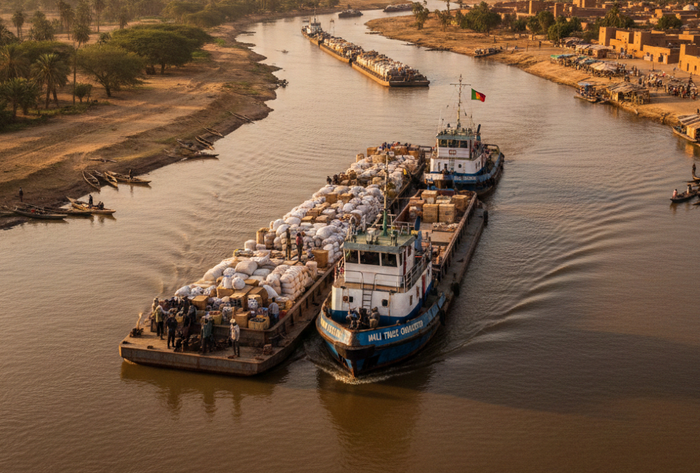 Cargo vessels navigating the Senegal River to connect inland Mali with Atlantic trade routes under Organisation pour la Mise en Valeur du Fleuve Sénégal regional infrastructure cooperation.