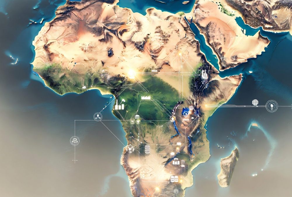 A conceptual illustration of a map of Africa overlaid with interconnected digital and industrial infrastructure, representing sovereign system building.