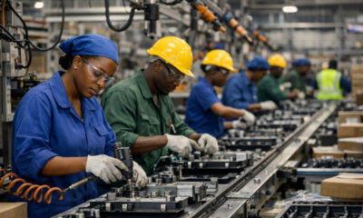 African manufacturing facilities with workers on production lines representing industrial growth across Egypt, Nigeria, and South Africa