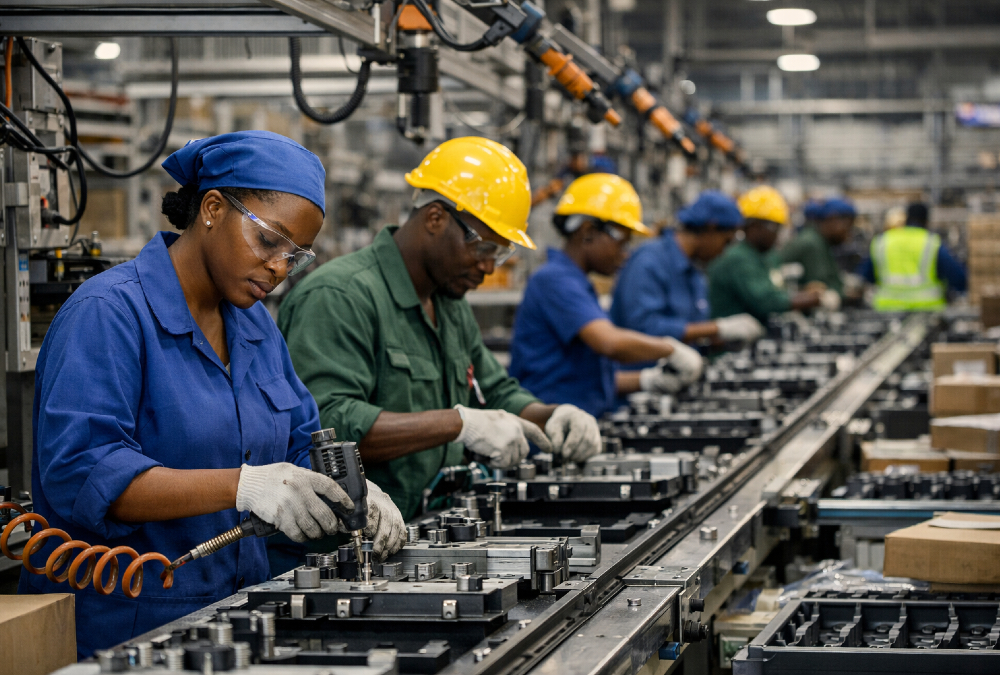 African manufacturing facilities with workers on production lines representing industrial growth across Egypt, Nigeria, and South Africa