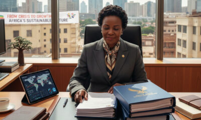 African Finance minister reviewing bond documents at desk, representing Africa's strategic shift from crisis borrowing to sustainable capital market access