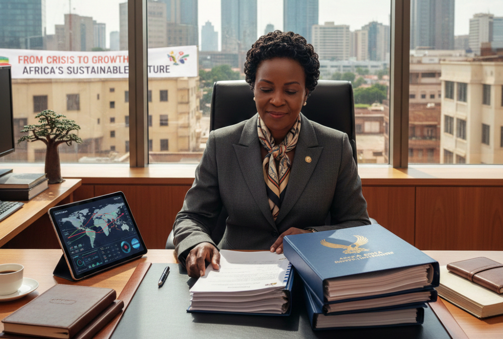 African Finance minister reviewing bond documents at desk, representing Africa's strategic shift from crisis borrowing to sustainable capital market access
