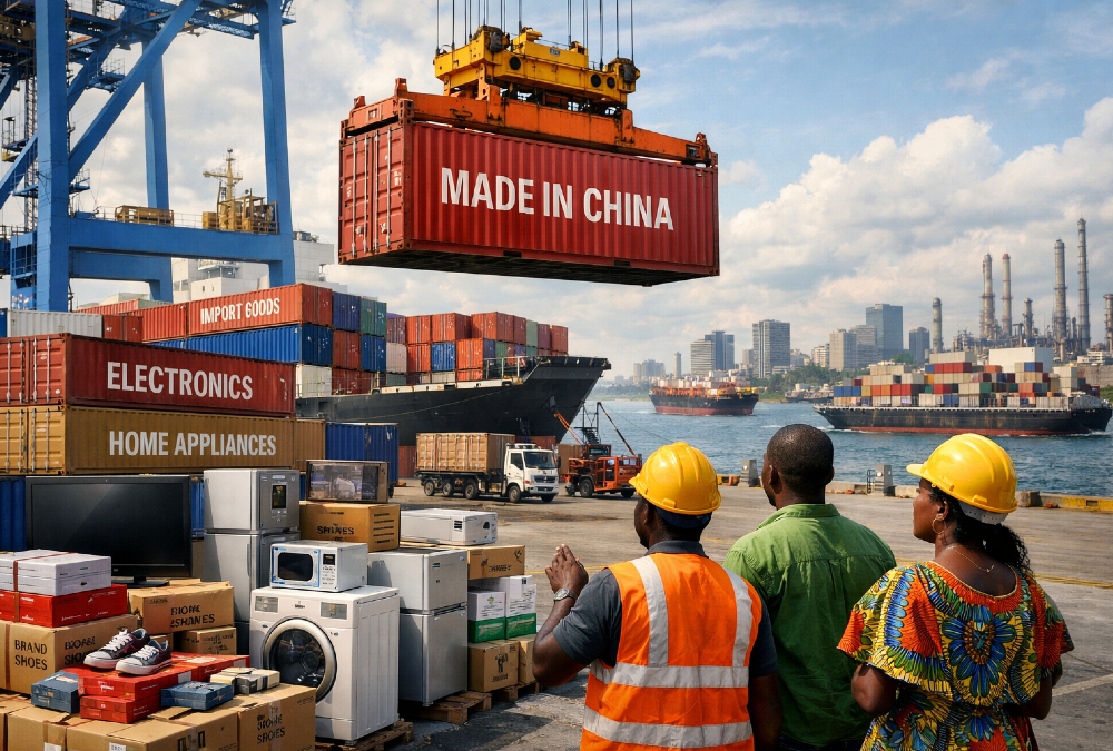 Africa importing finished goods containers at port - economic rationale for import dominance over local manufacturing