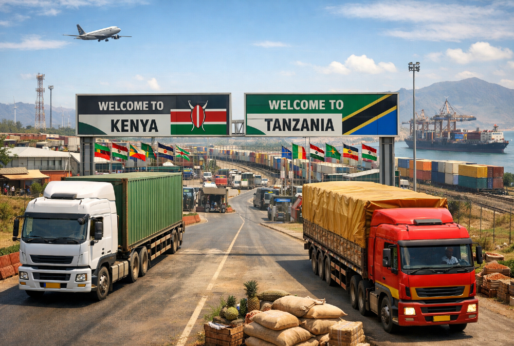 Illustration of cross-border trucks and supply chains symbolizing the growth of intra-African regional trade.