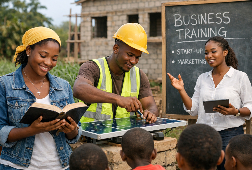 Young African people balancing faith with practical work and development