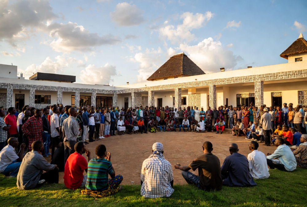 Modern African community gathering symbolizing dignity, purpose, and belonging - the essence of living a good life rooted in African values and collective wisdom.