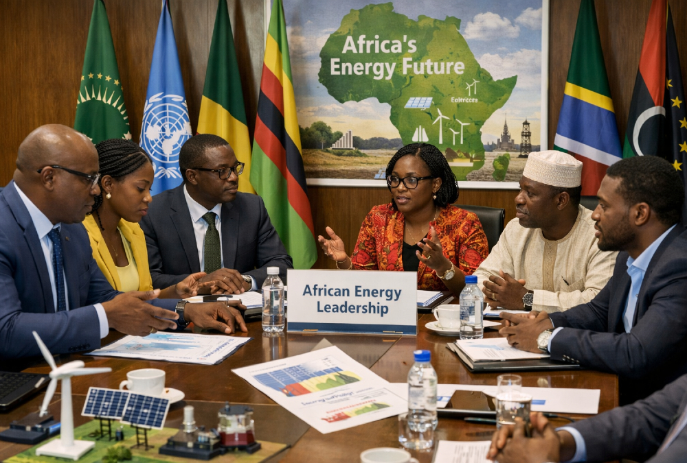 African energy professionals discussing policy and leadership around a conference table, symbolizing the call for African inclusion in global energy decision-making and the continent’s energy future.