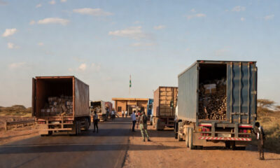 African border crossing with customs officials inspecting cargo trucks, highlighting trade facilitation, regional integration, and economic growth challenges in Africa
