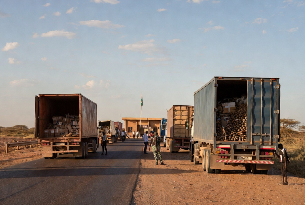 African border crossing with customs officials inspecting cargo trucks, highlighting trade facilitation, regional integration, and economic growth challenges in Africa