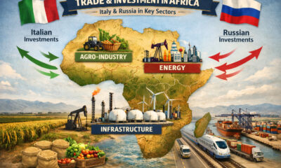 Map of Africa highlighting growing trade and investment interest from Italy and Russia across key sectors including agro-industry, energy, and infrastructure.