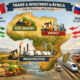 Map of Africa highlighting growing trade and investment interest from Italy and Russia across key sectors including agro-industry, energy, and infrastructure.