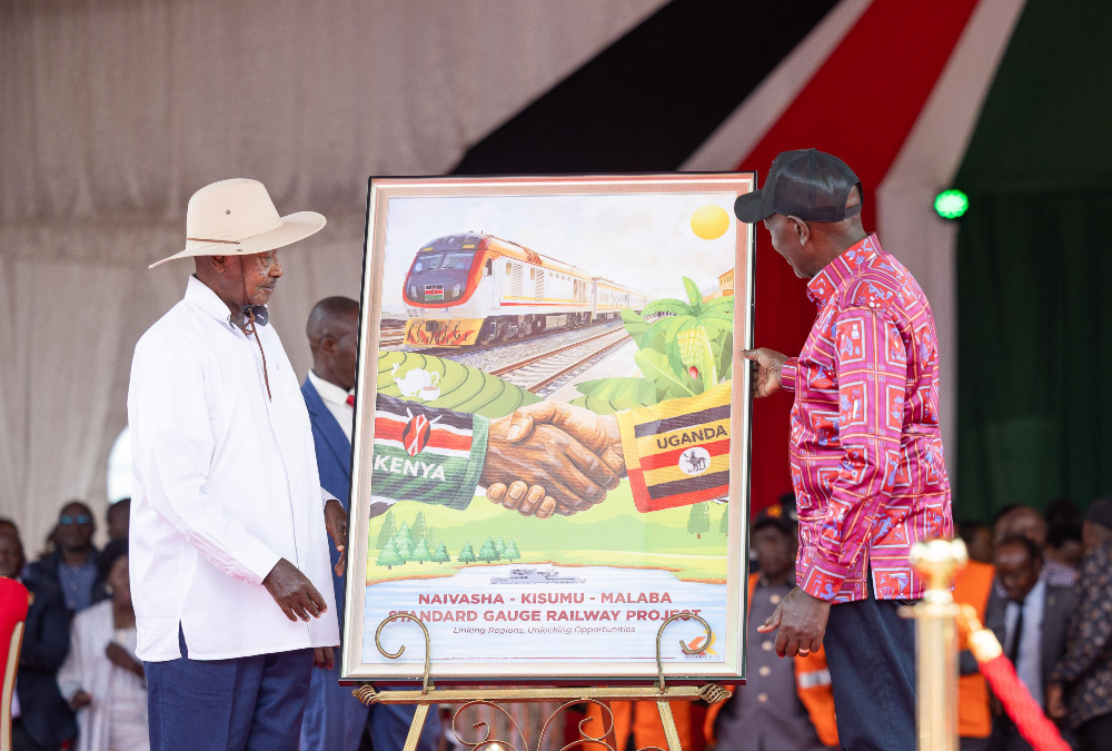 Ugandan President Yoweri Museveni and his Kenyan counterpart William Ruto breaking ground on the Kisumu-Malaba Standard Gauge Railway segment in Kibos, Kisumu, March 21, 2026.