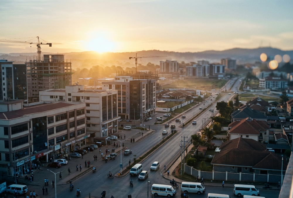 Rapid urbanization in Africa, with a view of a bustling secondary city poised for growth beyond the traditional primate city.
