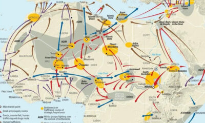 Map of West Africa highlighting trade routes, border security, and areas affected by terrorism and trafficking.