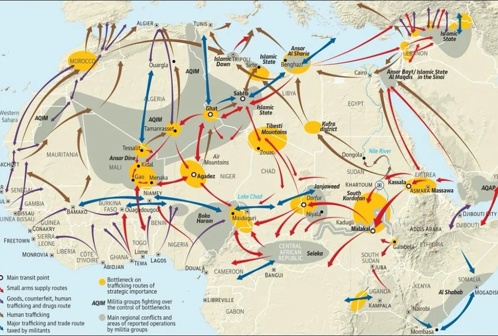 Map of West Africa highlighting trade routes, border security, and areas affected by terrorism and trafficking.