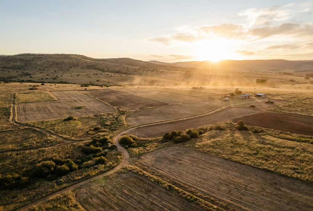 Aerial view of vast uncultivated arable farmland in Africa at golden hour, representing agricultural investment opportunity