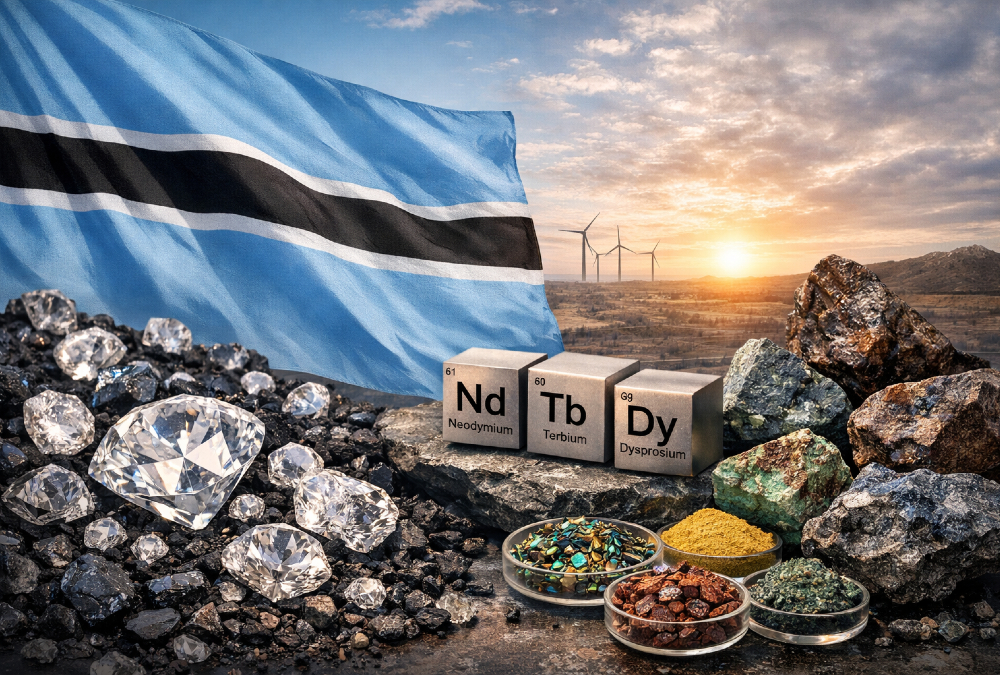 Botswana flag and diamond minerals symbolizing the nation's shift from diamond dependency to rare earth sovereignty