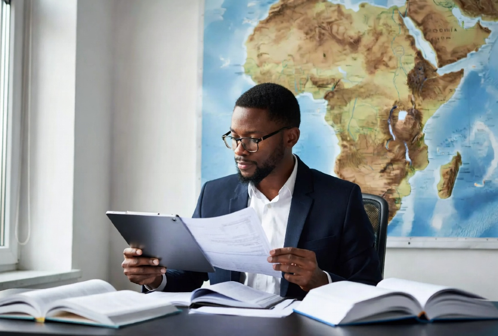 Exporter reviewing market data and regulations across multiple African countries, highlighting the importance of due diligence, trade compliance, and country-specific export strategies in Africa