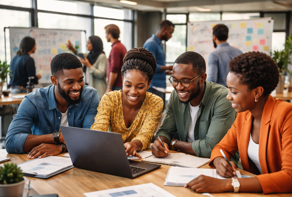 African entrepreneurs collaborating in a startup studio, turning innovative ideas into scalable businesses with support from venture builders and universities.
