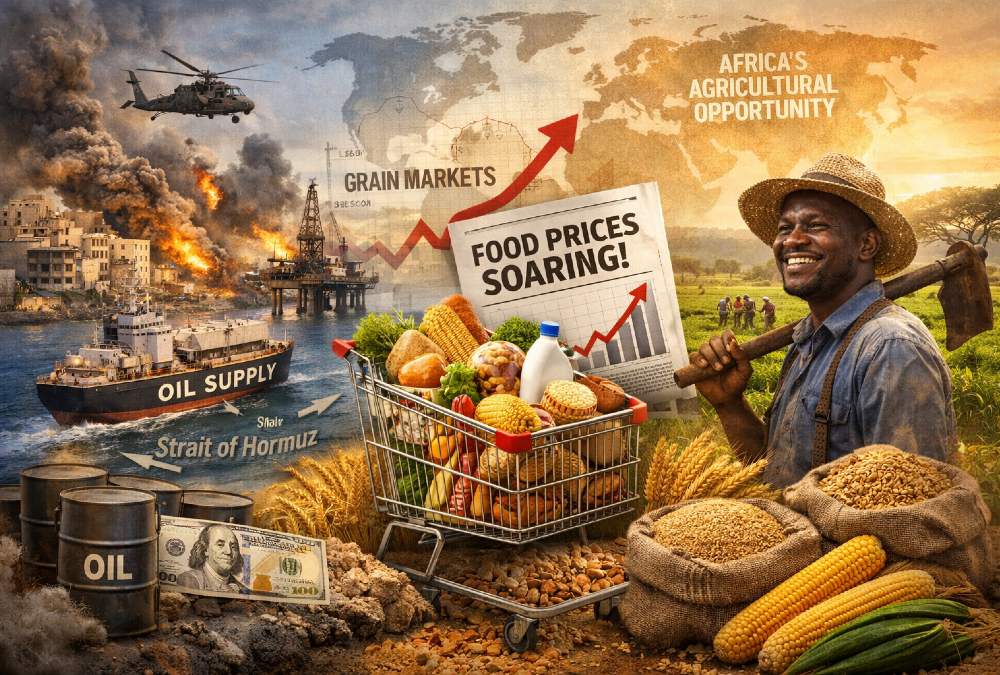Illustrating Middle East conflict impact on global food inflation, oil supply routes, grain markets, and Africa’s agricultural opportunity.