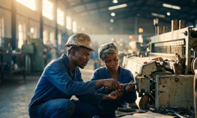 Workers on a factory floor in Africa adapting imported machinery—symbolizing the shift toward learning, adaptation, and endogenous industrial capability.
