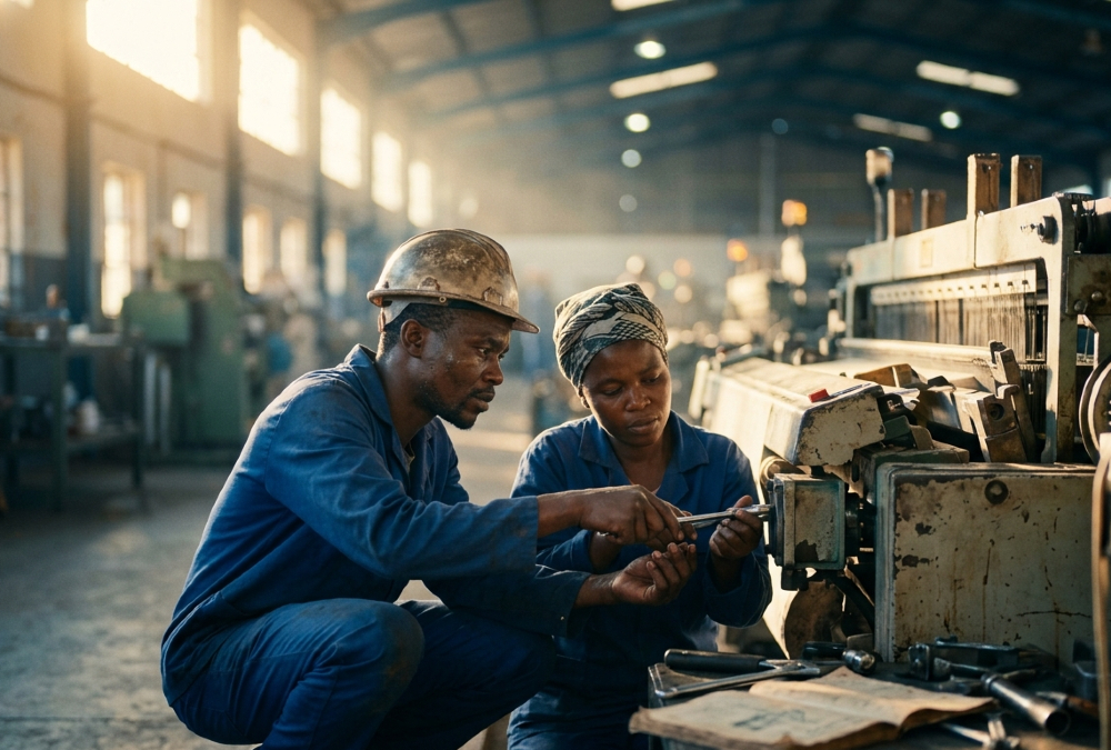 Workers on a factory floor in Africa adapting imported machinery—symbolizing the shift toward learning, adaptation, and endogenous industrial capability.