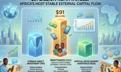 Infographic showing $91 billion in remittances as Africa's most stable external capital flow, surpassing foreign direct investment and official development assistance
