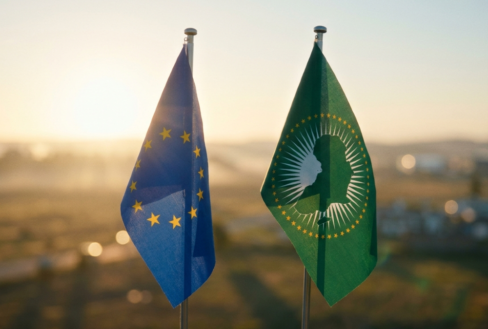 A composite image showing the flags of the European Union and the African Union side by side, symbolizing the potential for partnership and collaboration between the two continents.