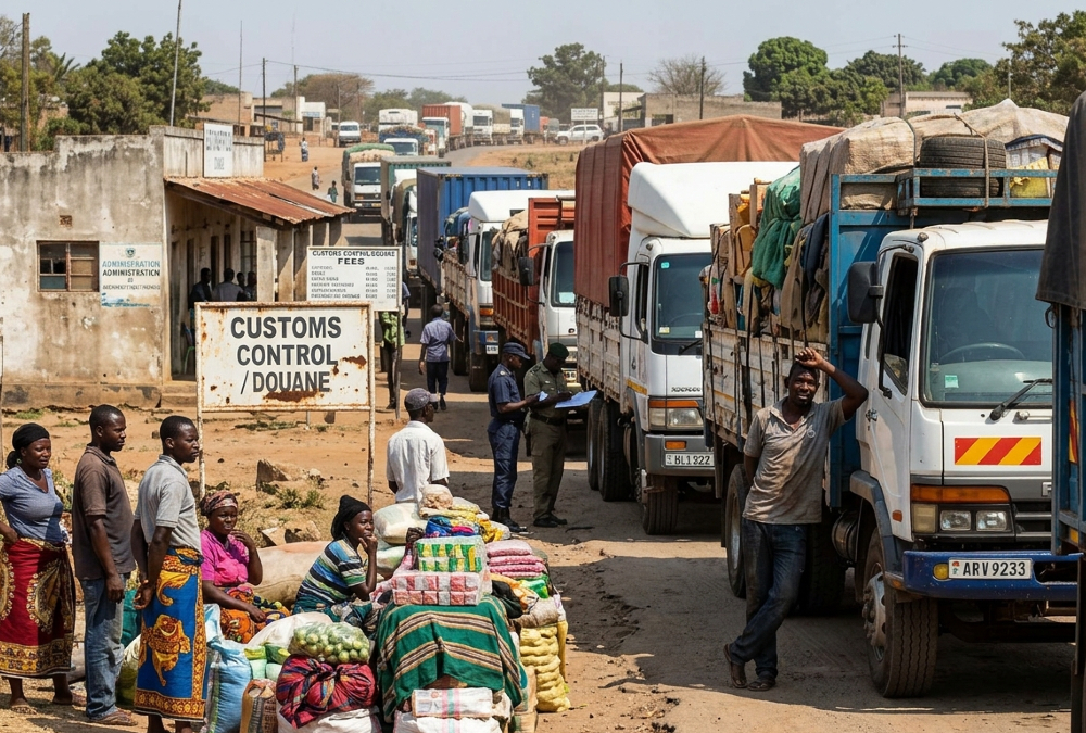 African border crossing with trucks and traders highlighting customs delays and the need for improved trade facilitation and infrastructure systems