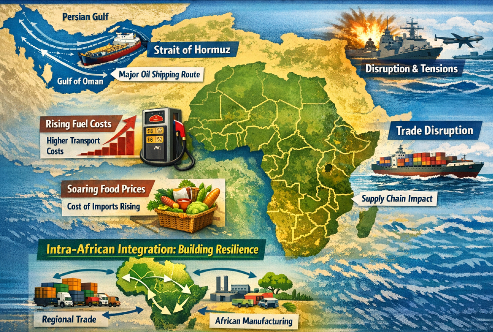 Infographic showing Strait of Hormuz oil supply route and its ripple effects on African fuel costs, food prices, and trade, highlighting intra-African integration as a resilience strategy.