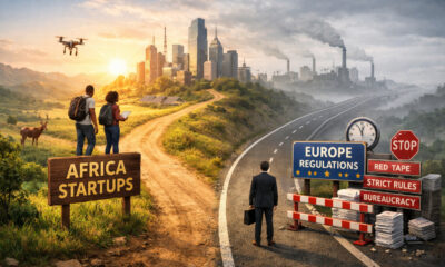 Illustration of Africa's startup ecosystem growth path diverging from Europe's over-regulated tech development timeline