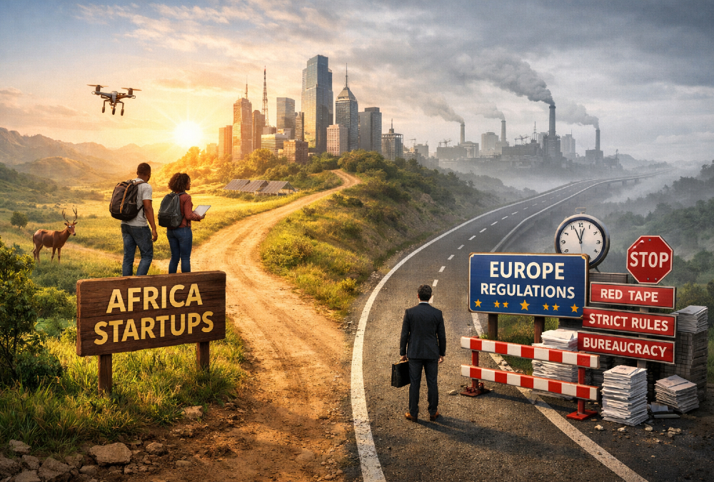 Illustration of Africa's startup ecosystem growth path diverging from Europe's over-regulated tech development timeline